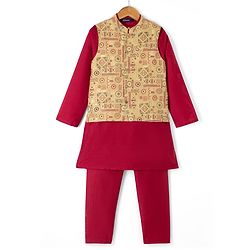 Pine Kids Woven Full Sleeves Kurta Pyjama Set and Waistcoat with Geometric Print - Maroon