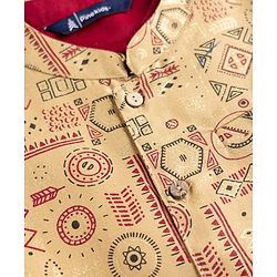 Pine Kids Woven Full Sleeves Kurta Pyjama Set and Waistcoat with Geometric Print - Maroon