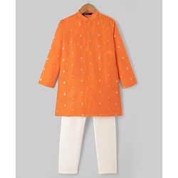 Pine Kids Woven Full Sleeves Printed Kurta Pyjama Set - Orange