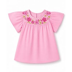 Pine Kids Cotton Woven Half Flutter Sleeves Floral Embroidered - Pink