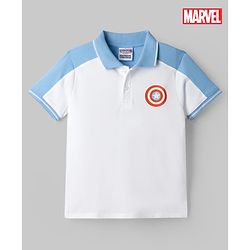 Pine Kids Marvel Cotton Knit Pique Polo T-Shirt with Half Sleeves and Captain America Print - White