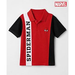 Pine Kids 100% Cotton Knit Regular Half Sleeves Collar T-shirt With Spiderman Text Print - Red