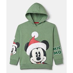Pine Kids Disney 100% Cotton Terry Knit Oversized Hooded Sweatshirt with Full Sleeves and Mickey Mouse Print - Olive Green
