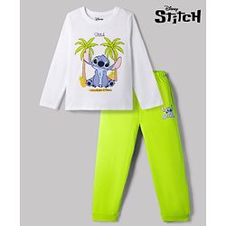 Pine Kids Disney Single Jersey Knit Full Sleeves T-Shirt & Pyjama Night Suit with Stitch Graphics - White