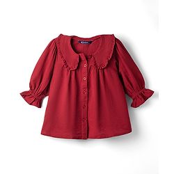 Pine Kids Woven Full Sleeves and Frill Cuffs Solid Colour Top with Peter Pan Collar - Maroon