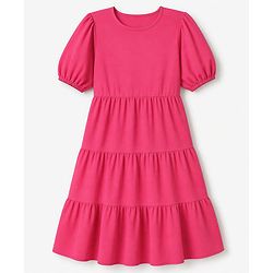 Pine Kids Woven Tiered Dress with Half Sleeves - Fuchsia