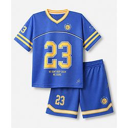 Pine Active Knit Half Sleeves T-Shirt and Shorts With Number Print in Blue