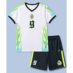 Pine Active Cotton Mixes Knit Half Sleeves T-shirt & Shorts Set With Football Club Text Print - White & Green