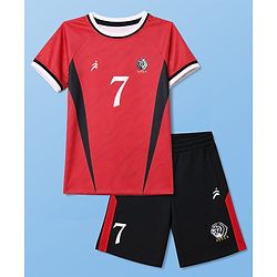 Pine Active Cotton Mixes Knit Half Sleeves T-shirt & Shorts Set With Korea Text Print - Red & Black
