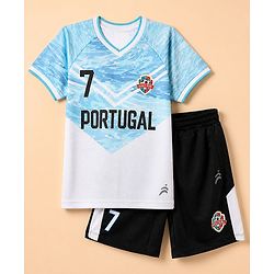 Pine Active Cotton Mix Knit Half Sleeves T-Shirt & Shorts Set With Text Print - Light Blue & Black