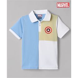 Pine Kids Marvel Cotton Knit  Polo T-Shirt with Half Sleeves and Captain America Print - Sky Blue