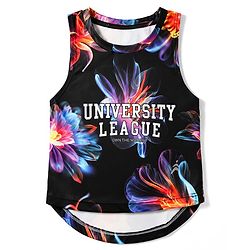 Pine Active Knit Sleeveless T-Shirt with University League & Floral Print - Black