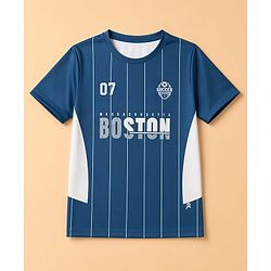 Pine Active Knit Half Sleeves T-Shirt With Stripes & Text Print - Blue