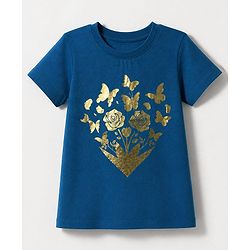 Pine Kids Cotton Knit T-Shirts with Half Sleeves and Floral Butterfly Foil Print - Navy Blue