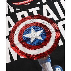 Pine Kids Marvel 100% Cotton Single Jersey Knit T-Shirts with Half Sleeves and Captain America Graphic Print & Sequin Detailing - Black