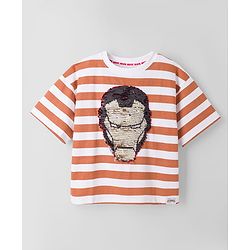 Pine Kids Marvel 100% Cotton Single Jersey Knit Half Sleeves Drop Shoulder Striped T-Shirts with Iron Man Reversible Sequins - Orange