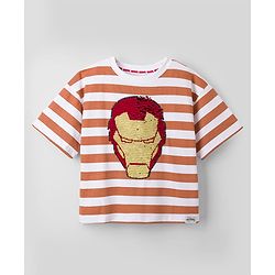 Pine Kids Marvel 100% Cotton Single Jersey Knit Half Sleeves Drop Shoulder Striped T-Shirts with Iron Man Reversible Sequins - Orange