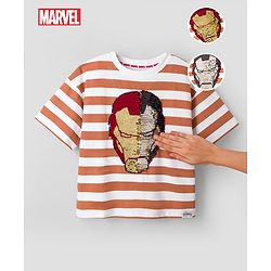 Pine Kids Marvel 100% Cotton Single Jersey Knit Half Sleeves Drop Shoulder Striped T-Shirts with Iron Man Reversible Sequins - Orange