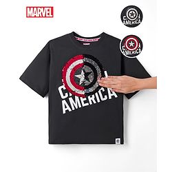 Pine Kids Marvel 100% Cotton Single Jersey Knit Half Sleeves T-Shirts with Captain America Graphic and Shield Reversible Sequins - Black