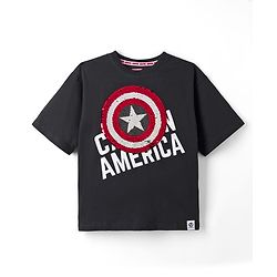 Pine Kids Marvel 100% Cotton Single Jersey Knit Half Sleeves T-Shirts with Captain America Graphic and Shield Reversible Sequins - Black