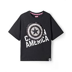 Pine Kids Marvel 100% Cotton Single Jersey Knit Half Sleeves T-Shirts with Captain America Graphic and Shield Reversible Sequins - Black
