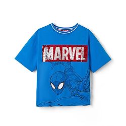 Pine Kids Marvel 100% Cotton Single Jersey Knit Half Sleeves T-Shirts with Spider Man Graphic and Marvel Reversible Sequins - Blue