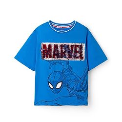 Pine Kids Marvel 100% Cotton Single Jersey Knit Half Sleeves T-Shirts with Spider Man Graphic and Marvel Reversible Sequins - Blue