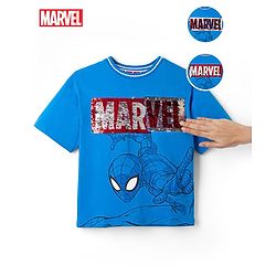 Pine Kids Marvel 100% Cotton Single Jersey Knit Half Sleeves T-Shirts with Spider Man Graphic and Marvel Reversible Sequins - Blue