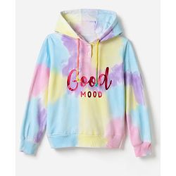 Pine Kids Cotton Knit Hooded Sweatshirt With Full Sleeves and Good Mood Text Print - Light Blue