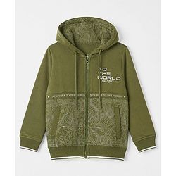 Pine Kids Cotton Mix Knit Full Sleeves Hooded Sweat Jacket with Text Print - Olive Green