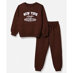 Pine Kids 100% Cotton Knit Full Sleeves Text Printed Winter Wear Suit - Brown