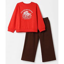 Pine Kids Looper Knit Full Sleeves Winter Wear Suit With Text Print - Red