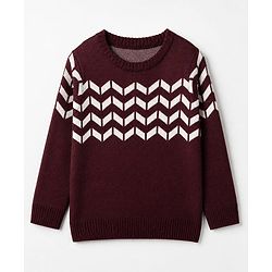Pine Kids Knit Pullover with Full Sleeves and Chevron Design - Burgundy & Beige