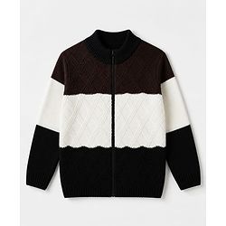 Pine Kids Cotton Blend Knit Front Open Sweater with Full Sleeves & Cable Knit Design - White