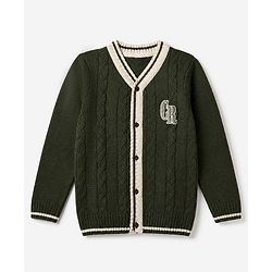 Pine Kids Cable Knit Front Open Sweater with Full Sleeves and Cr Patch in Green