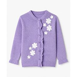 Pine Kids Knit Full Sleeves Front Open Sweater with Frill Details & Floral Embroidery - Purple