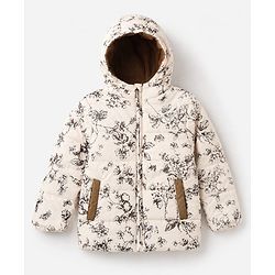 Pine Kids Woven Full Sleeves Hooded Paded Quilted Winter Jacket With Floral Print - OffWhite