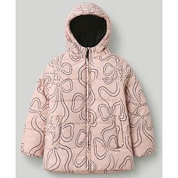 Pine Kids Woven Full Sleeves Hooded Paded Quilted Winter Jacket With Bow Print - Pink