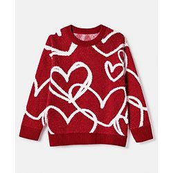 Pine Kids Pullover with Full Sleeves and Hearts Design in Red