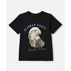 Pine Kids Cotton Knit T-Shirt with Half Sleeves and Alaskan Eagle Text & Eagle Print - Black