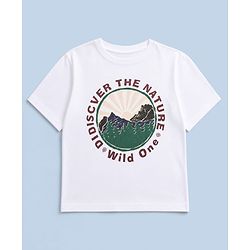 Pine Kids 100% Cotton Knit Oversized T-Shirt with Half Sleeves and Nature Print - White