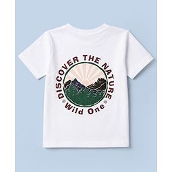 Pine Kids 100% Cotton Knit Oversized T-Shirt with Half Sleeves and Nature Print - White
