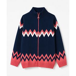 Pine Kids Knit Full Sleeves Front Open Sweater with Abstract Design - Navy Blue