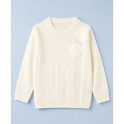 Pine Kids Cable Knit Pullover with Full Sleeves and Floral Embroidery in Offwhite