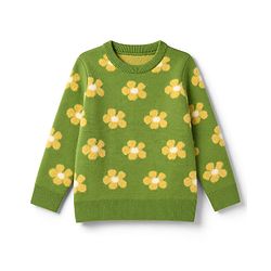 Pine Kids Knit Full Sleeves Pullover with Flower Design - Green