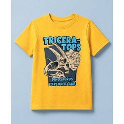Pine Kids 100% Cotton Knit T-Shirts with Half Sleeves and Triceratops Print - Yellow