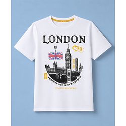 Pine Kids Cotton Knit Half Sleeves T-Shirt with London City Print - White