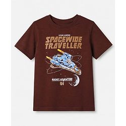 Pine Kids 100% Cotton Knit T-Shirt with Half Sleeves and Spaceship Print - Brown