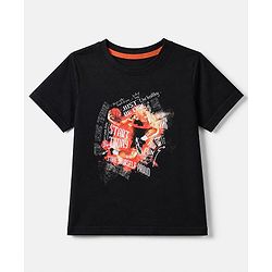 Pine Kids Cotton Knit T-Shirt with Half Sleeves and Basketball Player Print - Black