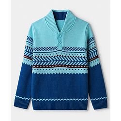 Pine Kids Knit Full Sleeves Pullover with Geometric Design - Blue